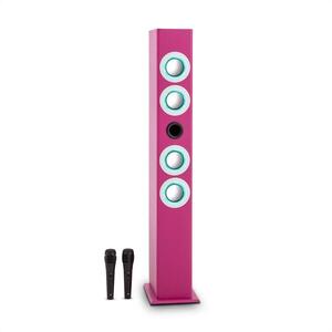 OneConcept Tallgirl, růžový, karaoke reproduktor, bluetooth, USB, SD, MP3, FM, AUX, 2 mikrofony obraz