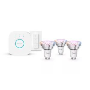 Philips Hue Essential WCA 345 žárovka 4, 7W, 345lm, GU10 (3 ks) 2200-6500K RGB startovací sada + bridge + ovladač obraz