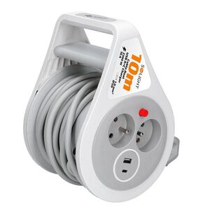 Solight prodlužovací přívod na bubnu 10m, USB A+C, 2 zásuvky, šedý kabel, 3x 1, 0mm2 PB25C obraz